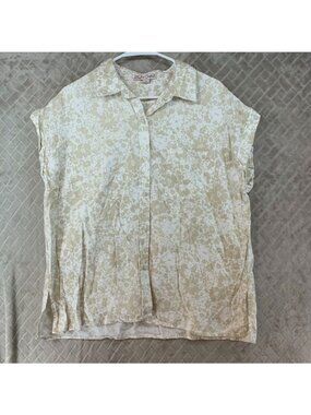Coastal Comfort Shirt Womens L Beige Floral Linen Blend Boxy Relaxed Button-Up